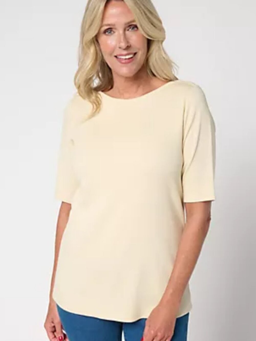 Denim & Co. Modal Rib Elbow Sleeve Boat Neck Top, Color: Bleached Sand, Size 3X